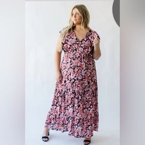 Floral V-Neck Maxi Dress - Pink and Black